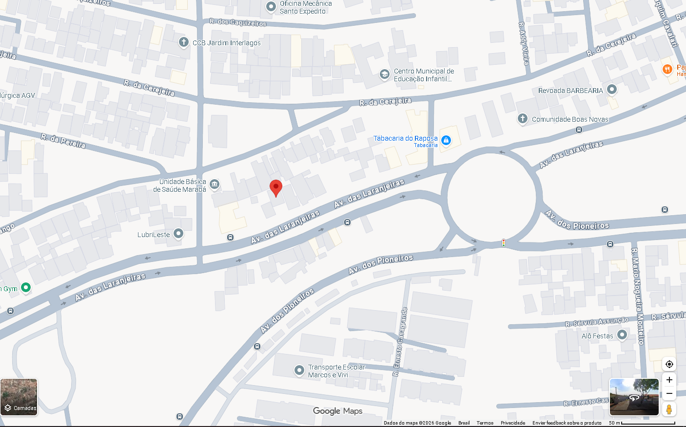 Mapa da região da loja na Avenida das Laranjeiras, próximo à rotatória da Avenida dos Pioneiros